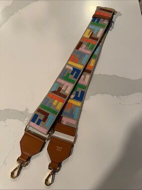 Fendi Multicolor Logo Webbing Strap with Brown Leather Ends